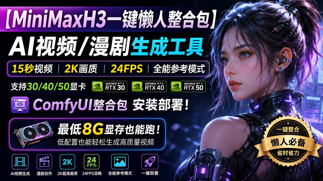 (20130期)MiniMaxH3一键懒人整合包:AI视频/漫剧生成工具,15秒视频_2K画质_24FPS_全能模式,支持30_40_50显卡,8g显存也能跑_生财有道创业项目网-生财有道