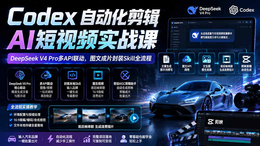 图片[2]-（19711期）Codex自动化剪辑AI短视频实战课｜DeepSeek V4 Pro多API联动，图文成片封装Skill全流程_生财有道创业项目网-生财有道