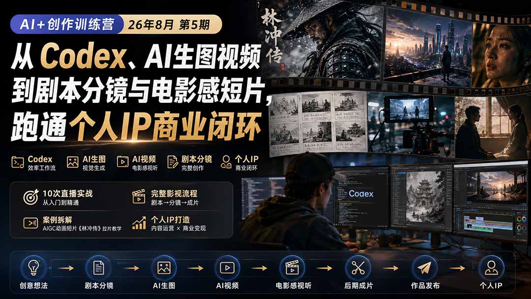 图片[1]-（20145期）AI+创作训练营26年8月第5期：从Codex、AI生图视频到剧本分镜与电影感短片，跑通个人IP商业闭环_生财有道创业项目网-生财有道