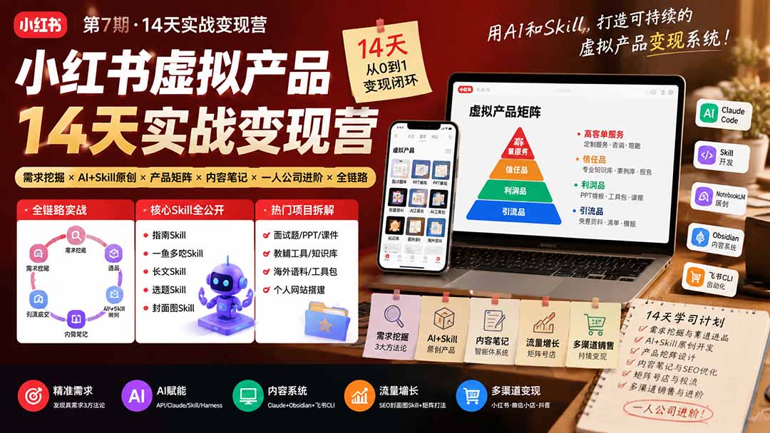 （19712期）小红书虚拟产品14天实战变现营-第7期：需求挖掘×AI+Skill原创×产品矩阵×内容笔记×一人公司进阶×全链路_生财有道创业项目网-生财有道