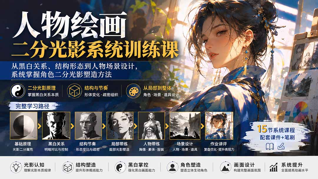 （20141期）人物绘画二分光影系统训练课：从黑白关系、结构形态到人物场景设计，系统掌握角色二分光影塑造方法_生财有道创业项目网-生财有道