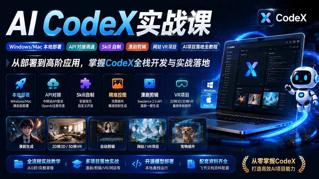 （19769期）AI  CodeX实战课｜Windows/Mac 本地部署｜API 对接调通｜Skill 自制｜漫剧剪辑｜网站 VR 项目｜AI项目落地全教程_生财有道创业项目网-生财有道