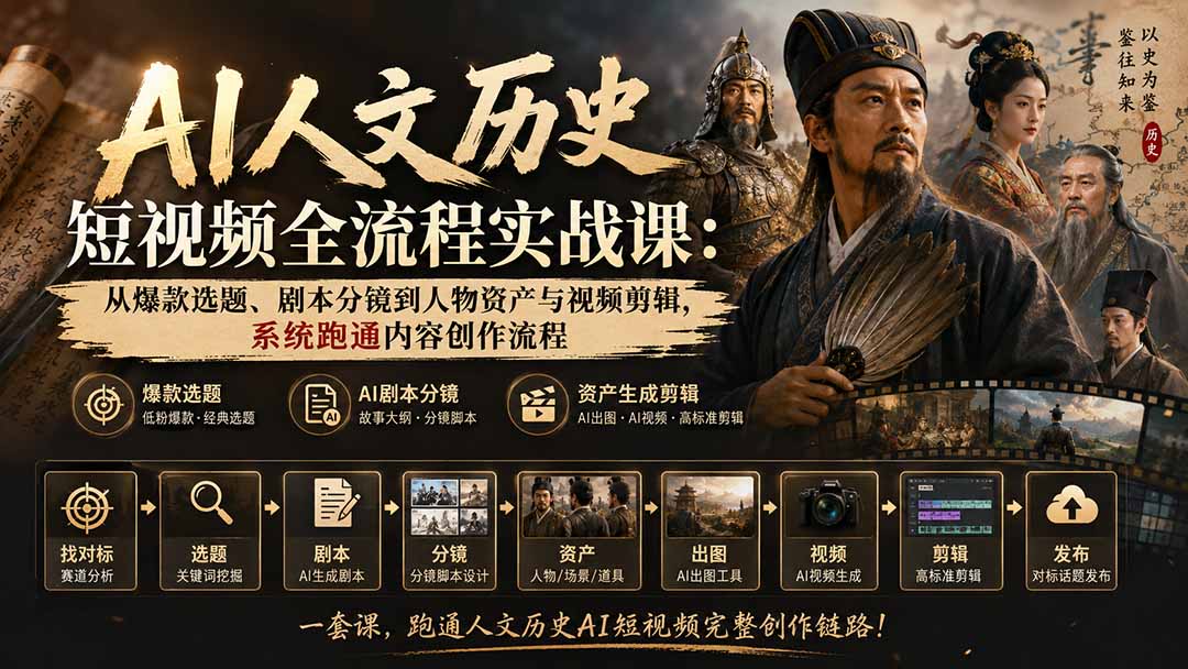 图片[2]-（20074期）AI人文历史短视频全流程实战课：从爆款选题、剧本分镜到人物资产与视频剪辑，系统跑通内容创作流程_生财有道创业项目网-生财有道