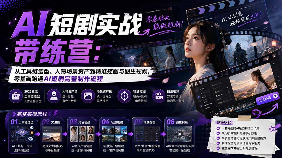 图片[2]-（20064期）AI短剧实战训练营：从工具链选型、人物场景资产到精准控图与图生视频，零基础跑通AI短剧完整制作流程_生财有道创业项目网-生财有道