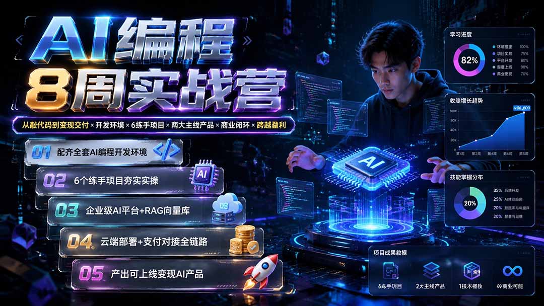 图片[2]-（19662期）AI编程8周实战营：从敲代码到变现交付×开发环境×6练手项目×两大主线产品×商业闭环×跨越盈利_生财有道创业项目网-生财有道