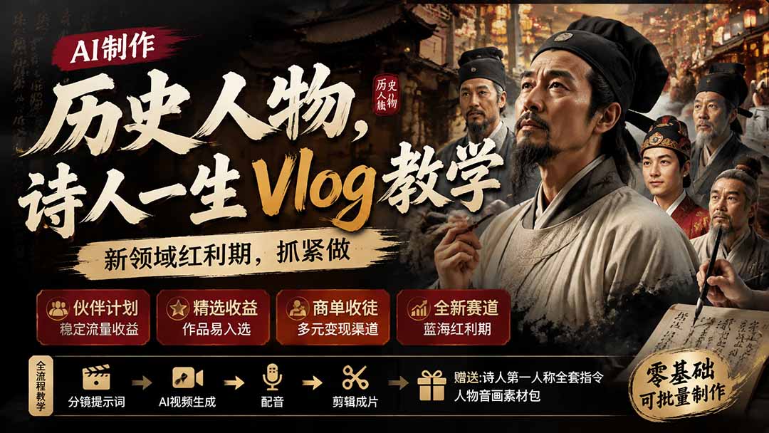 图片[2]-（19758期）历史人物，诗人一生Vlog教学， AI制作丨伙伴计划丨精选收益丨商单收徒 ，新领域红利期，抓紧做_生财有道创业项目网-生财有道
