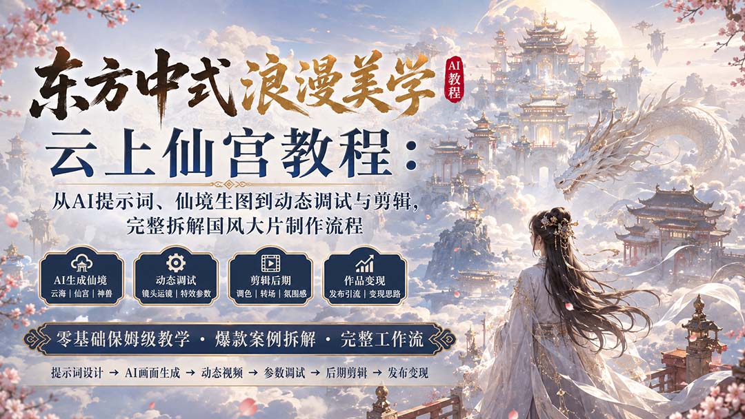 （20147期）东方中式浪漫美学云上仙宫教程：从AI提示词、仙境生图到动态调试与剪辑，完整拆解国风大片制作流程_生财有道创业项目网-生财有道