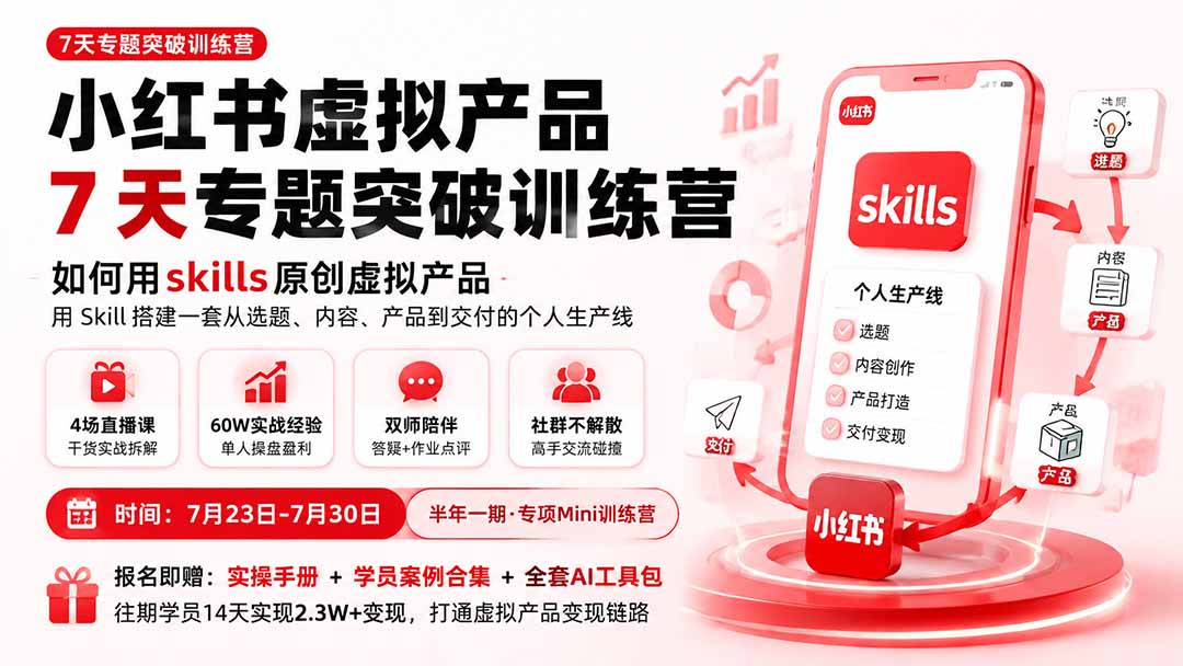 （19817期）小红书虚拟产品7天专题突破训练营，如何用skills原创虚拟产品，用Skil搭建一套从选题、内容、产品到交付的个人生产线_生财有道创业项目网-生财有道