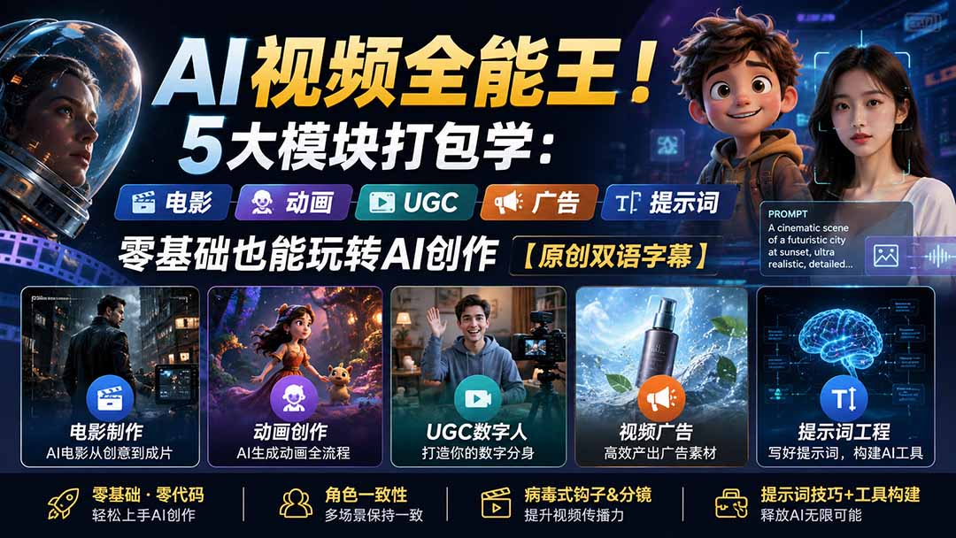 （20048期）AI视频全能王！5大模块打包学：电影、动画、UGC、广告、提示词，零基础也能玩转AI创作【原创双语字幕】_生财有道创业项目网-生财有道