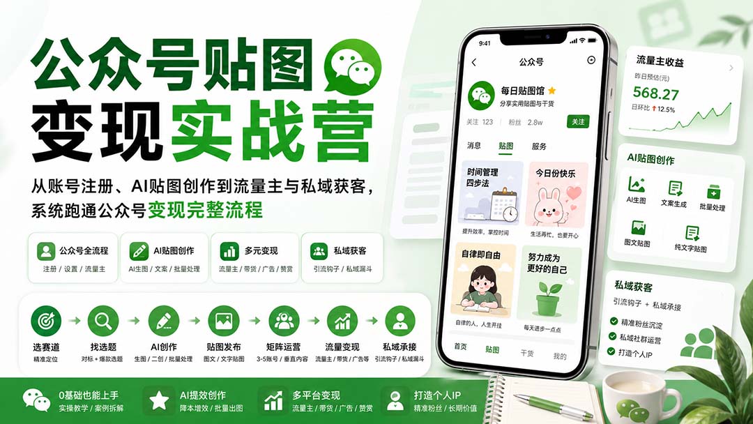 （20120期）公众号贴图变现实战营：从账号注册、AI贴图创作到流量主与私域获客，系统跑通公众号变现完整流程_生财有道创业项目网-生财有道