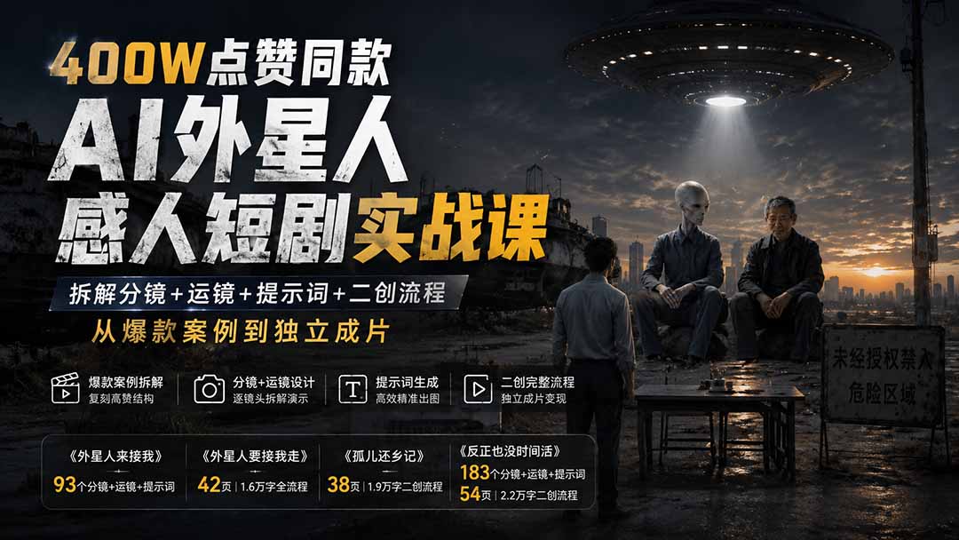 图片[1]-（20052期）400W点赞同款AI外星人感人短剧实战课：拆解分镜+运镜+提示词+二创流程，从爆款案例到独立成片_生财有道创业项目网-生财有道