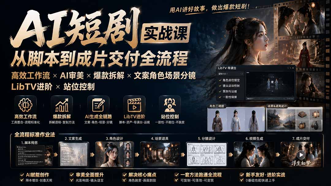 图片[1]-（19717期）AI短剧实战课：高效工作流×AI审美×爆款拆解×文案角色场景分镜×LibTV进阶×站位控制×从脚本到成片交付全流程_生财有道创业项目网-生财有道
