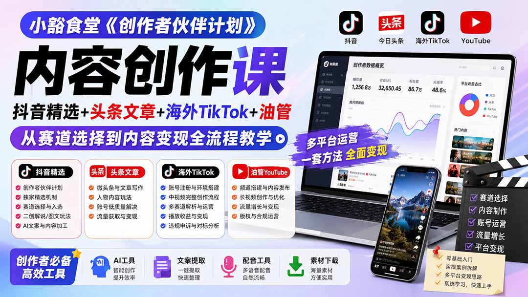 图片[2]-（19922期）小豁食堂《创作者伙伴计划》内容创作课：抖音精选+头条文章+海外TikTok+油管，从赛道选择到内容变现全流程教学_生财有道创业项目网-生财有道