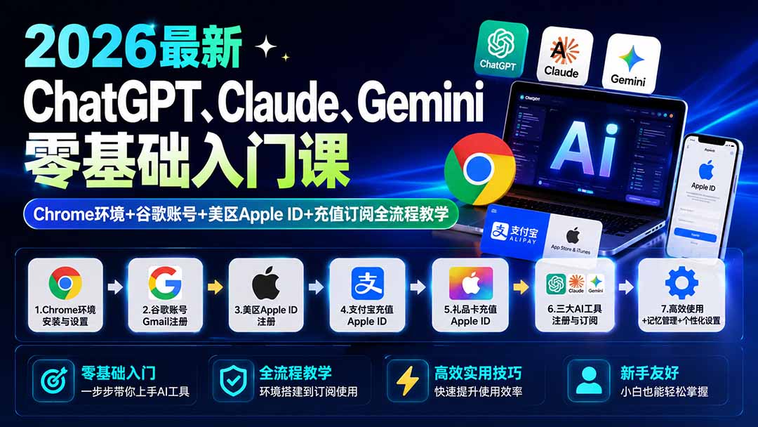 图片[2]-（19923期）2026最新ChatGPT、Claude、Gemini零基础入门课：Chrome环境+谷歌账号+美区Apple ID+充值订阅全流程教学_生财有道创业项目网-生财有道