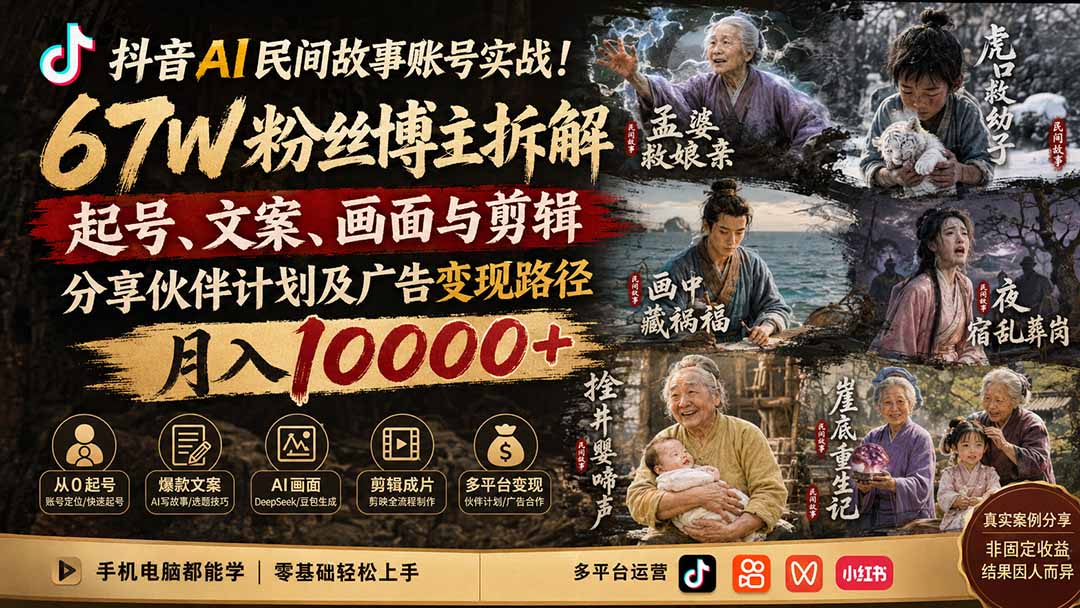 图片[1]-（19738期）抖音AI民间故事账号实战！67W粉丝博主拆解起号、文案、画面与剪辑，分享伙伴计划及广告变现路径，月入10000+_生财有道创业项目网-生财有道