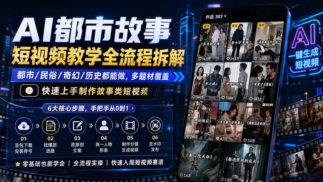 图片[2]-（19858期）AI都市故事短视频教学全流程拆解；都市/民俗/奇幻/历史都能做多题材覆盖，快速上手制作故事类短视频_生财有道创业项目网-生财有道