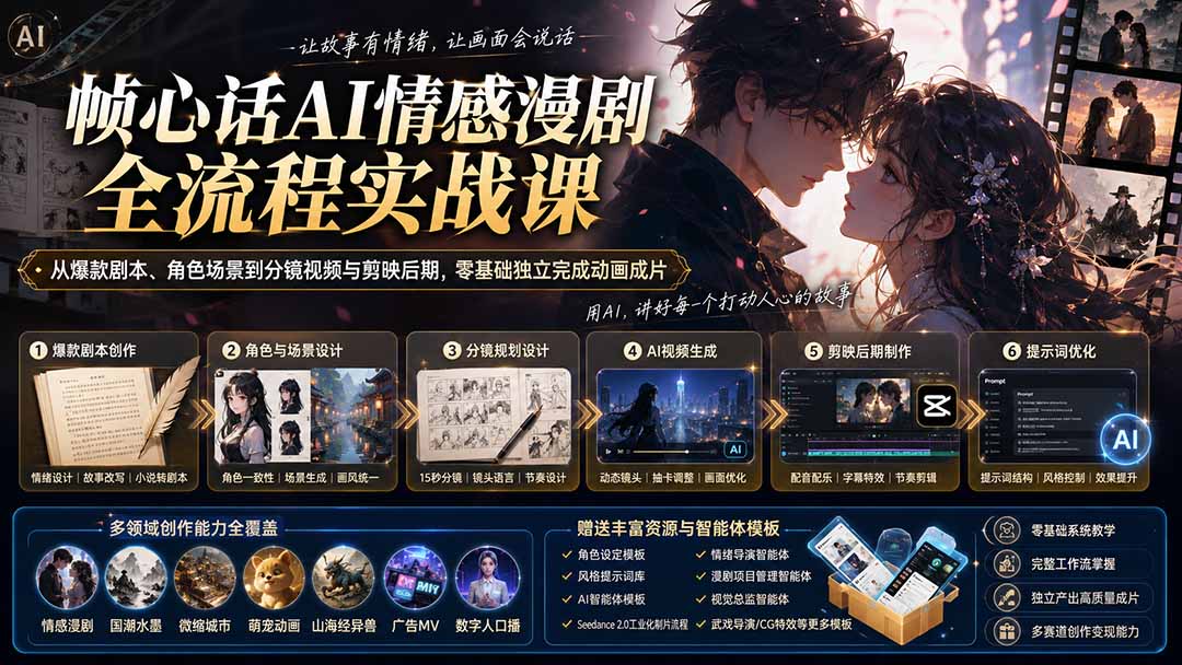 （20036期）帧心话AI情感漫剧全流程实战课：从爆款剧本、角色场景到分镜视频与剪映后期，零基础独立完成动画成片_生财有道创业项目网-生财有道