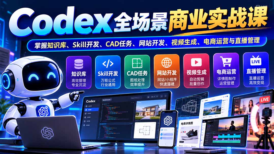（20712期）【无水印】Codex全场景商业实战课：掌握知识库、Skill开发、CAD任务、网站开发、视频生成、电商运营与直播管理_生财有道创业项目网-生财有道
