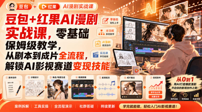 豆包+红果AI漫剧实战课，零基础保姆级教学，从剧本到成片全流程，解锁AI影视赛道变现技能——生财有道创业项目网-生财有道