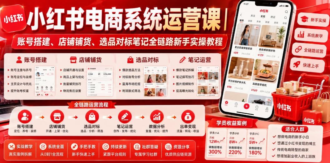 小红书电商系统运营课|账号搭建、店铺铺货、选品对标笔记全链路新手实操教程——生财有道创业项目网-生财有道