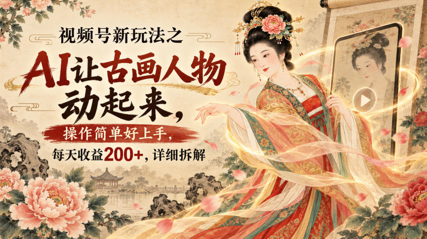 视频号新玩法之AI让古画人物动起来，操作简单好上手，每天收益200+，详细拆解——生财有道创业项目网-生财有道