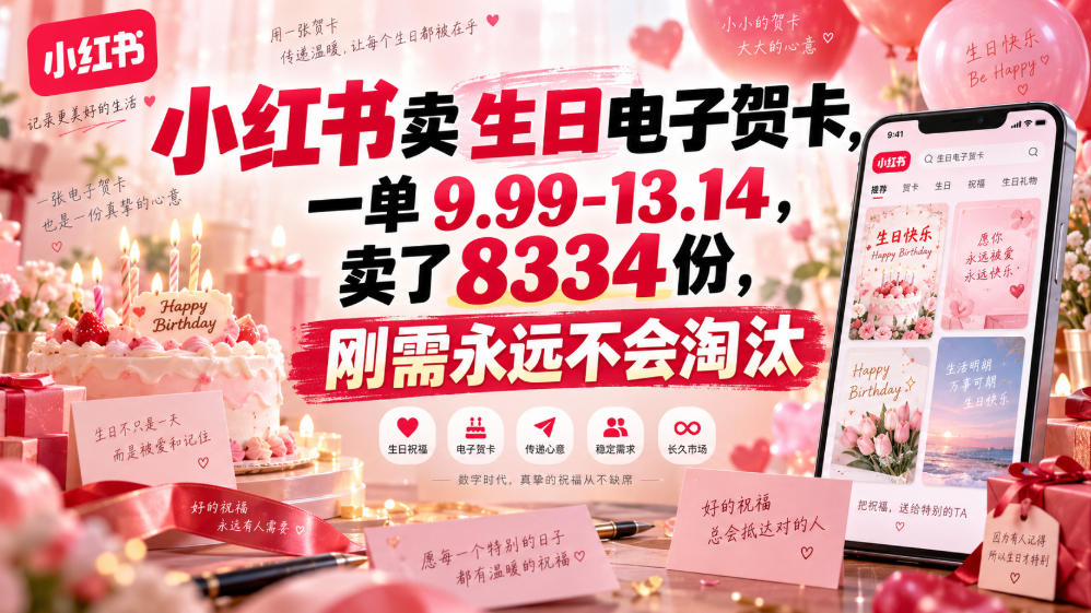 小红书卖生日电子贺卡，一单9.99-13.14，卖了8334份，刚需永远不会淘汰——生财有道创业项目网-生财有道