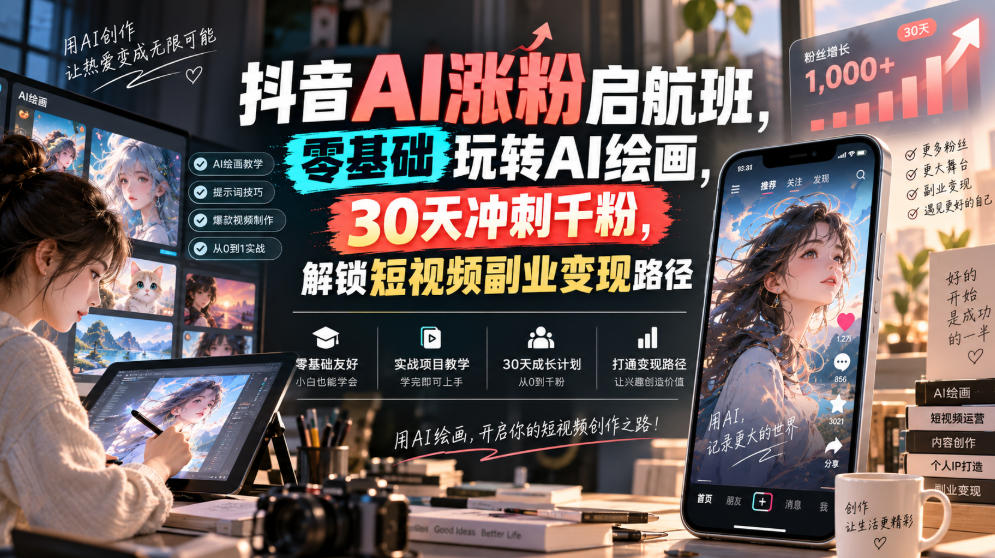 抖音AI涨粉启航班,零基础玩转AI绘画,30天冲刺千粉,解锁短视频副业变现路径——生财有道创业项目网-生财有道