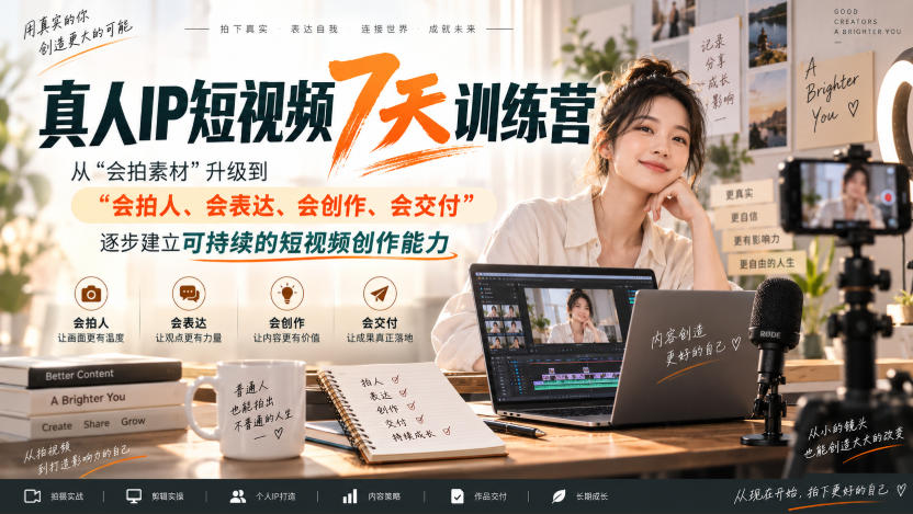 真人IP短视频7天训练营,从“会拍素材”升级到“会拍人、会表达、会创作、会交付”,逐步建立可持续的短视频创作能力——生财有道创业项目网-生财有道