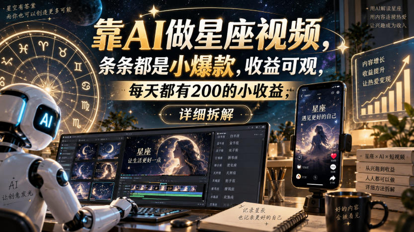 靠AI做星座视频，条条都是小爆款，收益可观，每天都有200的小收益，详细拆解——生财有道创业项目网-生财有道