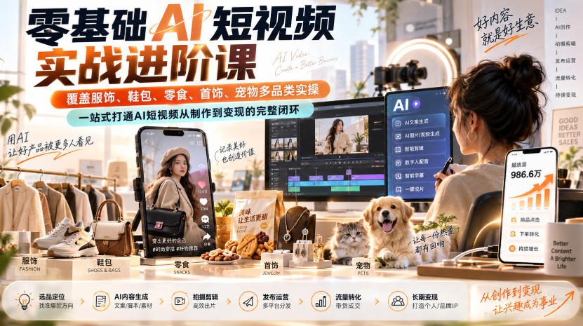 零基础AI短视频实战进阶课，覆盖服饰、鞋包、零食、首饰、宠物多品类实操，一站式打通AI短视频从制作到变现的完整闭环——生财有道创业项目网-生财有道