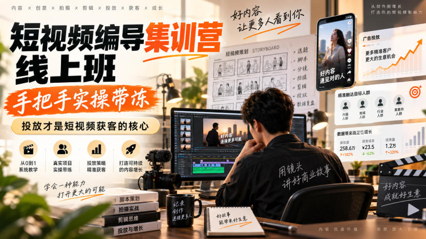 短视频编导集训营线上班，手把手实操带冻，投放才是短视频获客的核心——生财有道创业项目网-生财有道