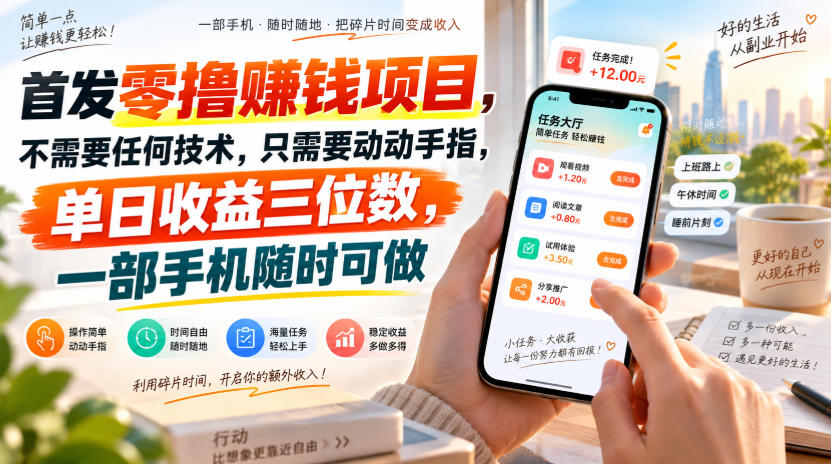 首发零撸賺钱项目,不需要任何技术,只需要动动手指,单日收益三位数,一部手机随时可做【揭秘】——生财有道创业项目网-生财有道