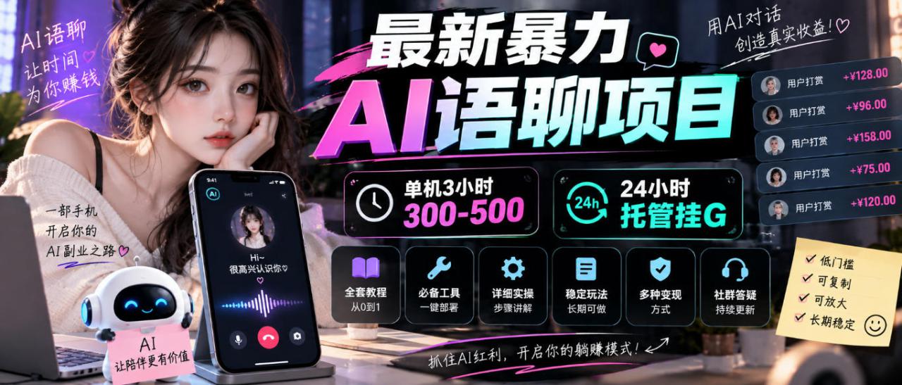 最新暴力AI语聊项目,单机3小时300-500,24小时托管挂G,附全套教程及工具【揭秘】——生财有道创业项目网-生财有道