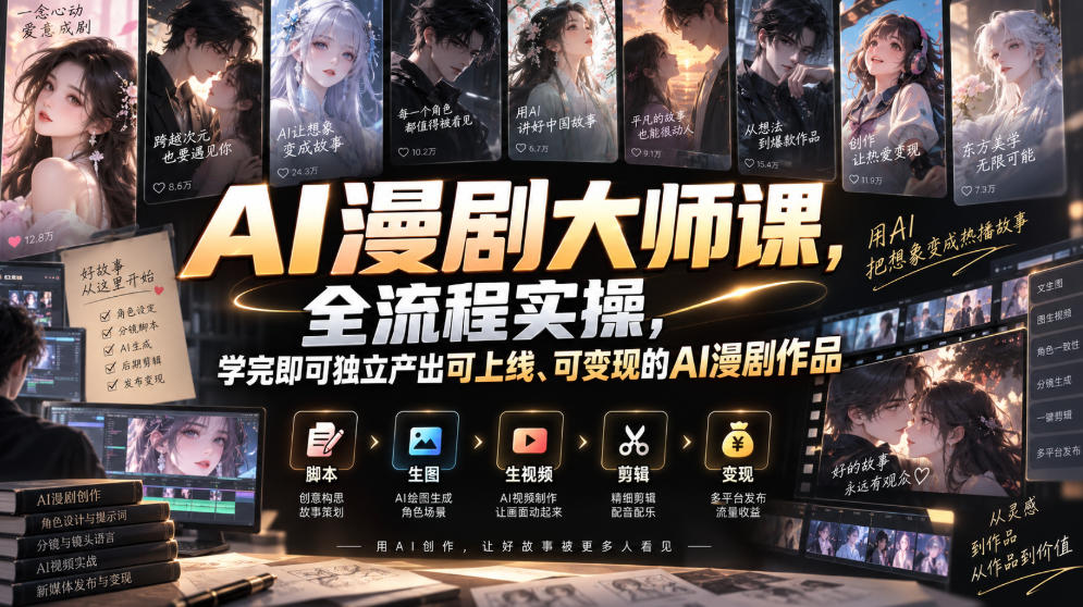 AI漫剧大师课，全流程实操，学完即可独立产出可上线、可变现的AI漫剧作品——生财有道创业项目网-生财有道