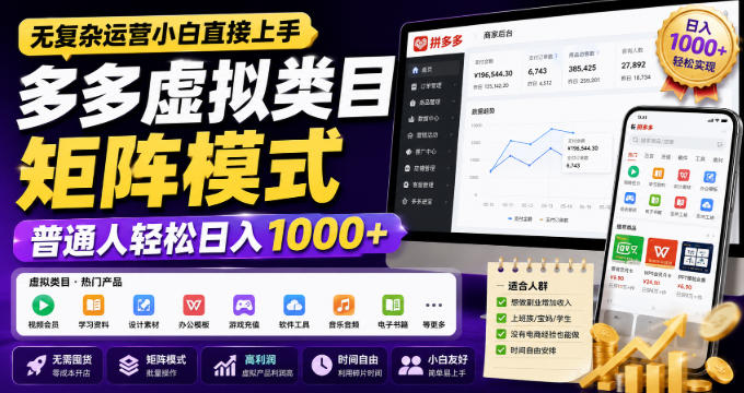 无复杂运营小白直接上手,多多虚拟类目矩阵模式,普通人轻松日入1000+【揭秘】——生财有道创业项目网-生财有道