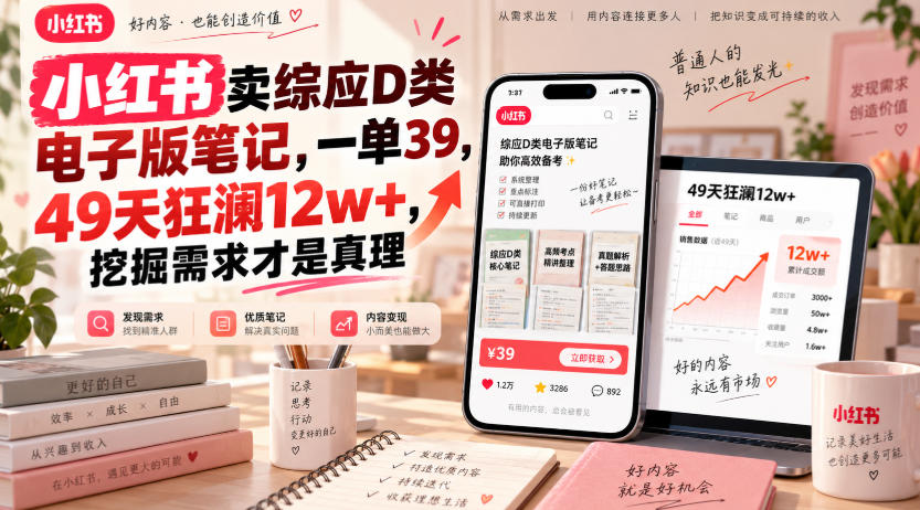 小红书卖综应D类电子版笔记，一单39，49天狂澜12w+，挖掘需求才是真理——生财有道创业项目网-生财有道