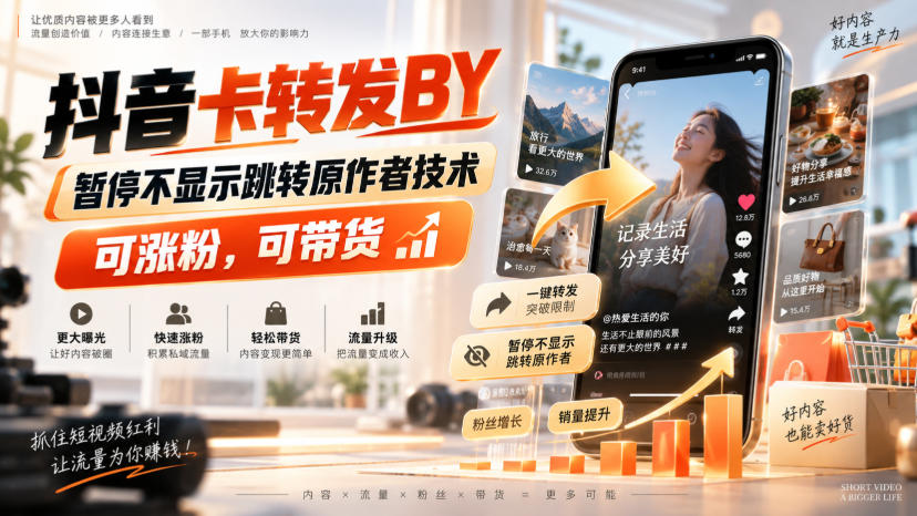 抖音卡转发搬运，暂停不显示跳转原作者技术，可涨粉，可带货——生财有道创业项目网-生财有道