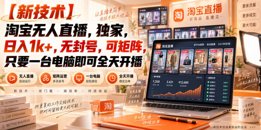 【独家新技术】淘宝无人直播，日入1k+，无封号，可矩阵，只要一台电脑即可全天开播【揭秘】——生财有道创业项目网-生财有道