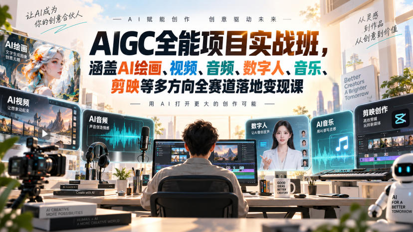 AIGC全能项目实战班，涵盖AI绘画、视频、音频、数字人、音乐、剪映等多方向全赛道落地变现课——生财有道创业项目网-生财有道