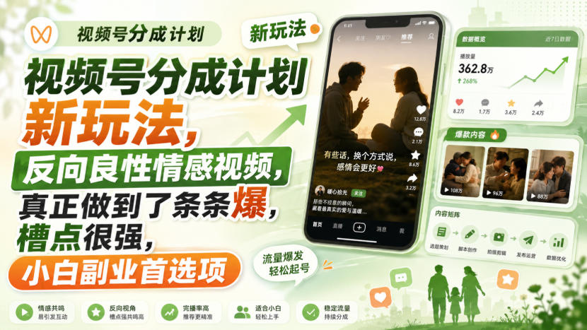 视频号分成计划新玩法，反向良性情感视频，真正做到了条条爆，槽点很强，小白副业首选项——生财有道创业项目网-生财有道