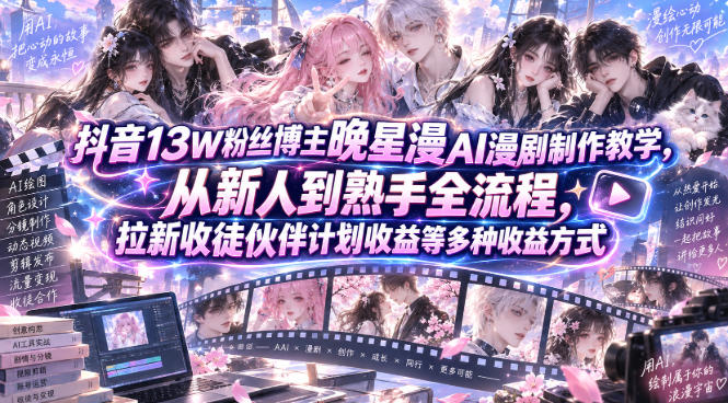 抖音13W粉丝博主晚星漫AI漫剧制作教学，从新人到熟手全流程，拉新收徒伙伴计划收益等多种收益方式，单日1K+——生财有道创业项目网-生财有道