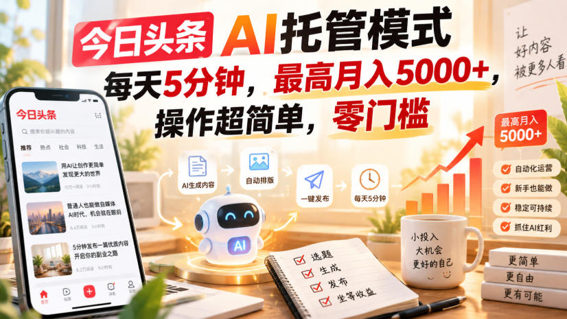 今日头条AI托管模式，每天5分钟，最高月入5000+，操作超简单，零门槛【揭秘】——生财有道创业项目网-生财有道