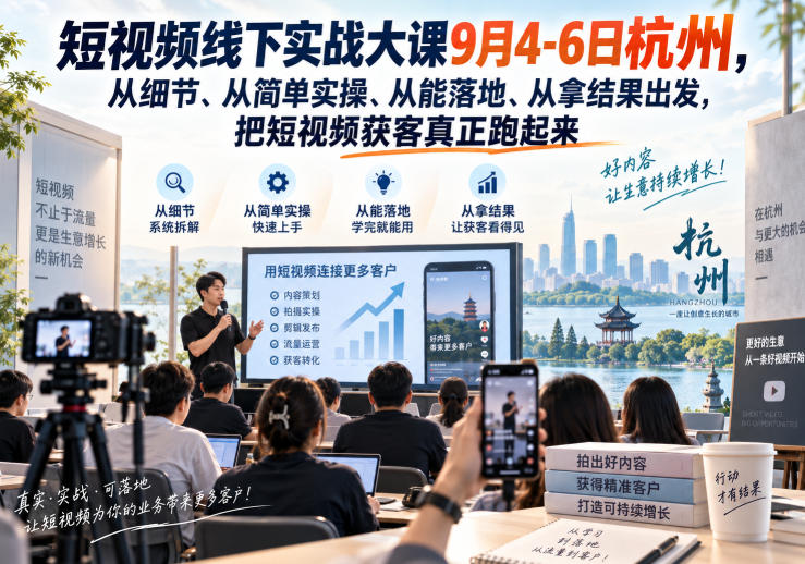 短视频线下实战大课9月4-6日杭州,从细节、从简单实操、从能落地、从拿结果出发,把短视频获客真正跑起来——生财有道创业项目网-生财有道