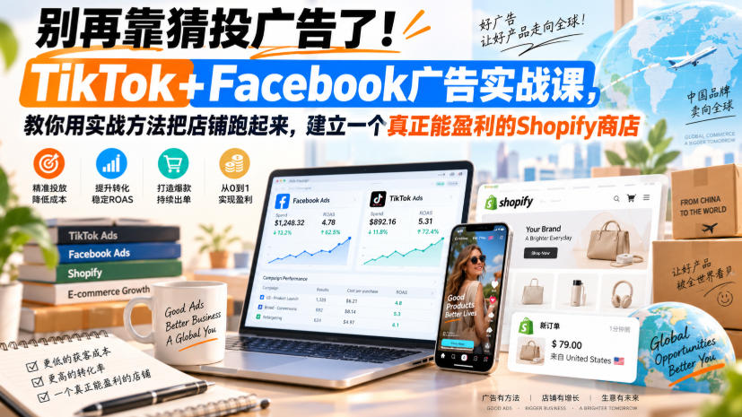 别再靠猜投广告了！TikTok+Facebook广告实战课，教你用实战方法把店铺跑起来，建立一个真正能盈利的Shopify商店【原创双语字幕】——生财有道创业项目网-生财有道