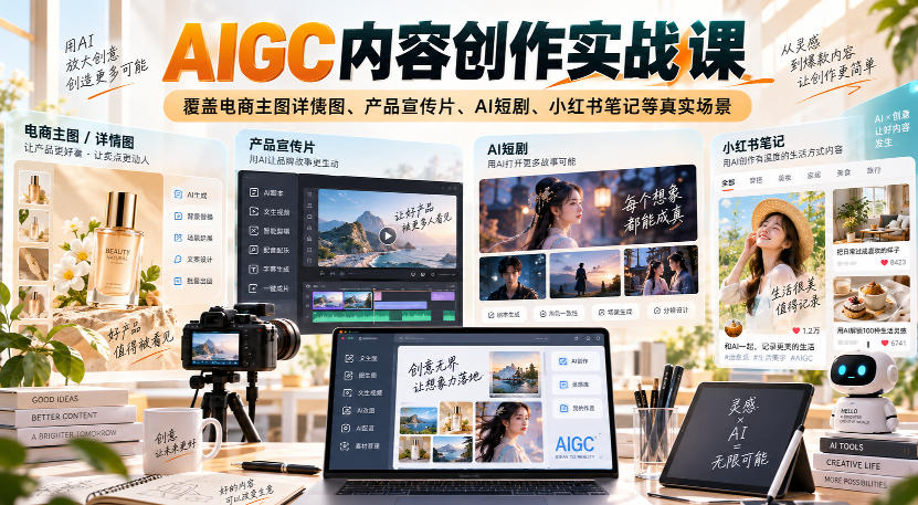 AIGC内容创作实战课，覆盖电商主图详情图、产品宣传片、AI短剧、小红书笔记等真实场景——生财有道创业项目网-生财有道