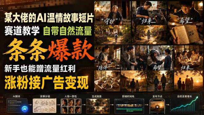 某大佬的AI温情故事短片赛道教学,自带自然流量,条条爆款,新手也能蹭流量红利,涨粉接广告变现(更新)——生财有道创业项目网-生财有道