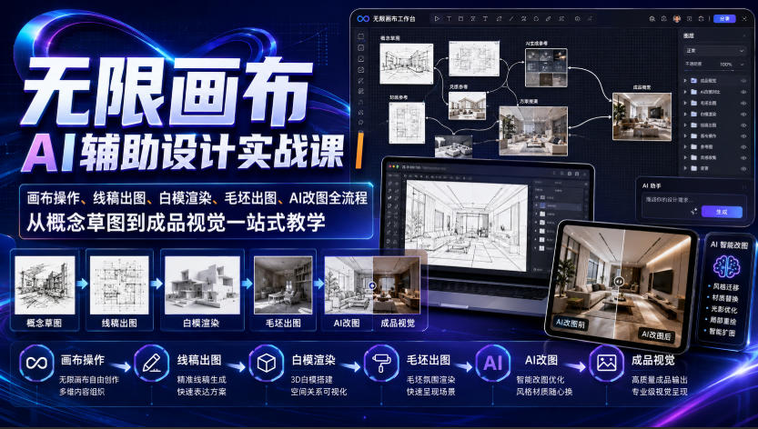 无限画布AI辅助设计实战课｜画布操作、线稿出图、白模渲染、毛坯出图、AI改图全流程，从概念草图到成品视觉一站式教学（更新0923）——生财有道创业项目网-生财有道