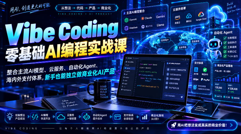 Vibe Coding零基础AI编程实战课-无水印，整合主流AI模型、云服务、自动化Agent、海内外支付体系，新手也能独立做商业化AI产品——生财有道创业项目网-生财有道