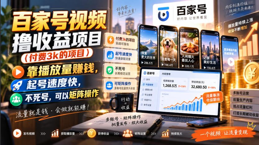 百家号视频撸收益项目（付费3k的项目），靠播放量賺钱，起号速度快，不死号，可以矩阵操作——生财有道创业项目网-生财有道
