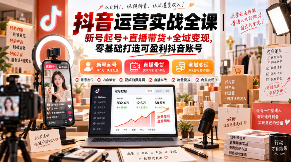 抖音运营实战全课|新号起号+直播带货+全域变现,零基础打造可盈利抖音账号——生财有道创业项目网-生财有道